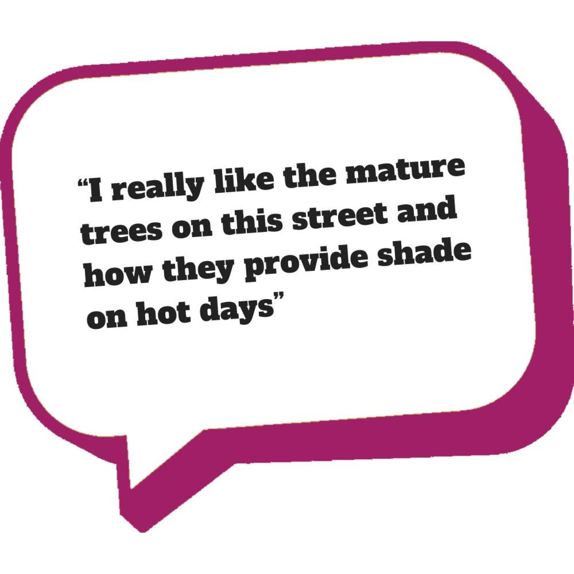 Speech bubble with caption: I really like the mature trees on this street and how they provide shade on hot days